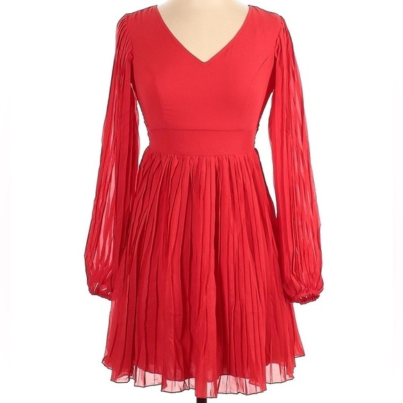 Japna Dress Red Sheer Mini Size S Long Sleeve Pleated - Picture 1 of 6